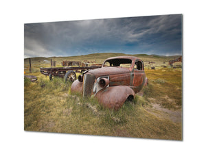 Glass Print Wall Art – Image on Glass  SART05 Miscellanous Series: Storm clouds over abandoned car
