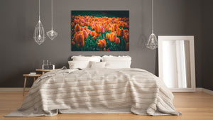 Modern Glass Picture - Contemporary Wall Art SART04 Flowers and leaves Series: Meadow of red orange tulips
