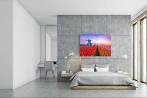 Graphic Art Print on Glass - Beautiful Quality Glass Print Picture SART01C Nature Series: Colourful tulips in a Dutch countryside
