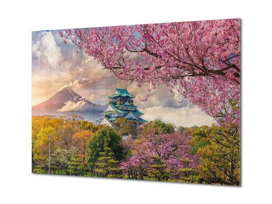 Modern Glass Picture - Contemporary Wall Art SART01 Nature Series: Full cherry blossom under Fuji mountain