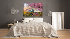 Modern Glass Picture - Contemporary Wall Art SART01 Nature Series: Full cherry blossom under Fuji mountain