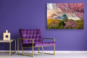 Modern Glass Picture - Contemporary Wall Art SART01 Nature Series: Full cherry blossom under Fuji mountain