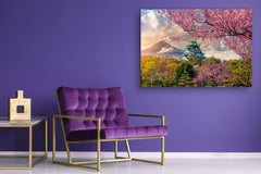 Modern Glass Picture - Contemporary Wall Art SART01 Nature Series: Full cherry blossom under Fuji mountain