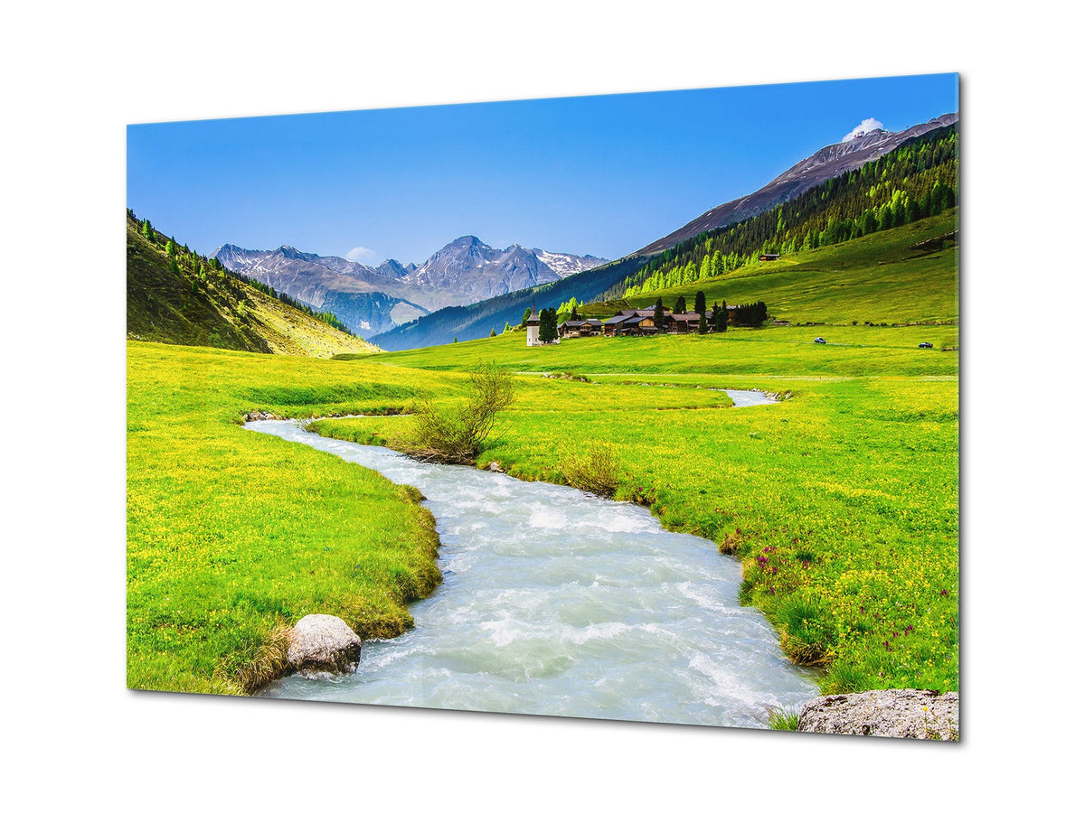 Modern Glass Picture - Contemporary Wall Art SART01 Nature Series: Mountain green valley river