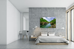 Modern Glass Picture - Contemporary Wall Art SART01 Nature Series: Forest river wild water view