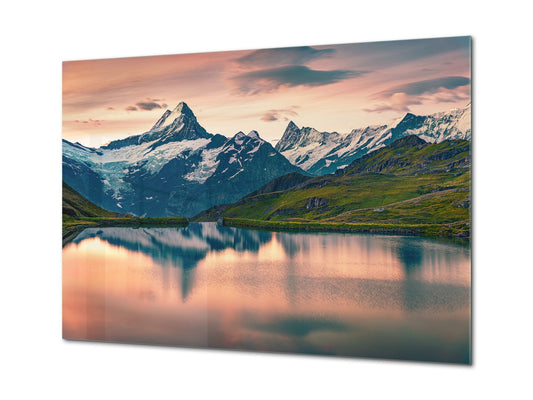 Graphic Art Print on Glass - Beautiful Quality Glass Print Picture SART01C Nature Series: Mountains mirror reflection in the lake