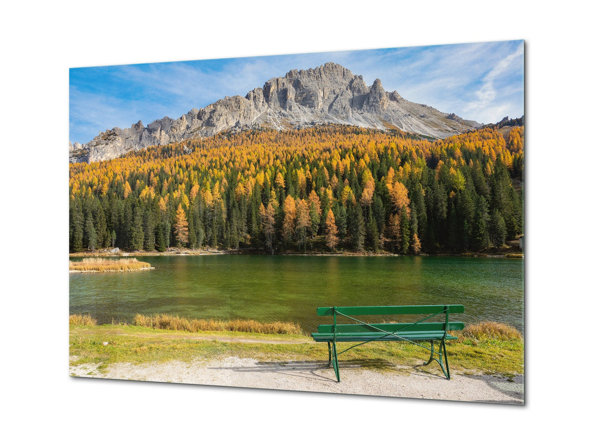 Modern Glass Picture - Contemporary Wall Art SART01 Nature Series: Empty bench facing emerald lake Misurina
