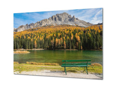 Modern Glass Picture - Contemporary Wall Art SART01 Nature Series: Empty bench facing emerald lake Misurina