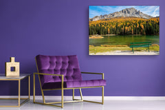 Modern Glass Picture - Contemporary Wall Art SART01 Nature Series: Empty bench facing emerald lake Misurina