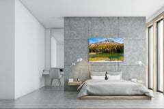 Modern Glass Picture - Contemporary Wall Art SART01 Nature Series: Empty bench facing emerald lake Misurina