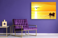 Glass Printed Picture - Wall Picture behind Tempered Glass SART01D Nature Series: Panoramic landscape of a sunset with fishermen