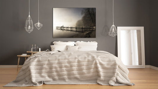 Graphic Art Print on Glass - Beautiful Quality Glass Print Picture SART01C Nature Series: Pier on a foggy lake: sepia