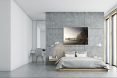 Graphic Art Print on Glass - Beautiful Quality Glass Print Picture SART01C Nature Series: Pier on a foggy lake: sepia