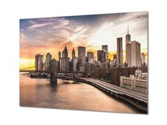 Glass Picture Toughened Wall Art  - Wall Art Glass Print Picture SART02 Cities Series: Brooklyn Bridge panorama at sunset