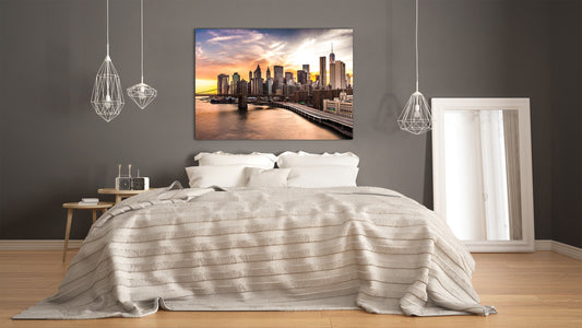 Glass Picture Toughened Wall Art  - Wall Art Glass Print Picture SART02 Cities Series: Brooklyn Bridge panorama at sunset