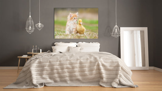 Wall Art - Glass Print Canvas Picture SART03B Animals Series: Red kitten with little duckling