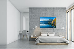 Glass Print Wall Art – Image on Glass SART01B Nature Series: Mountain village by the lake in Austrian Alps