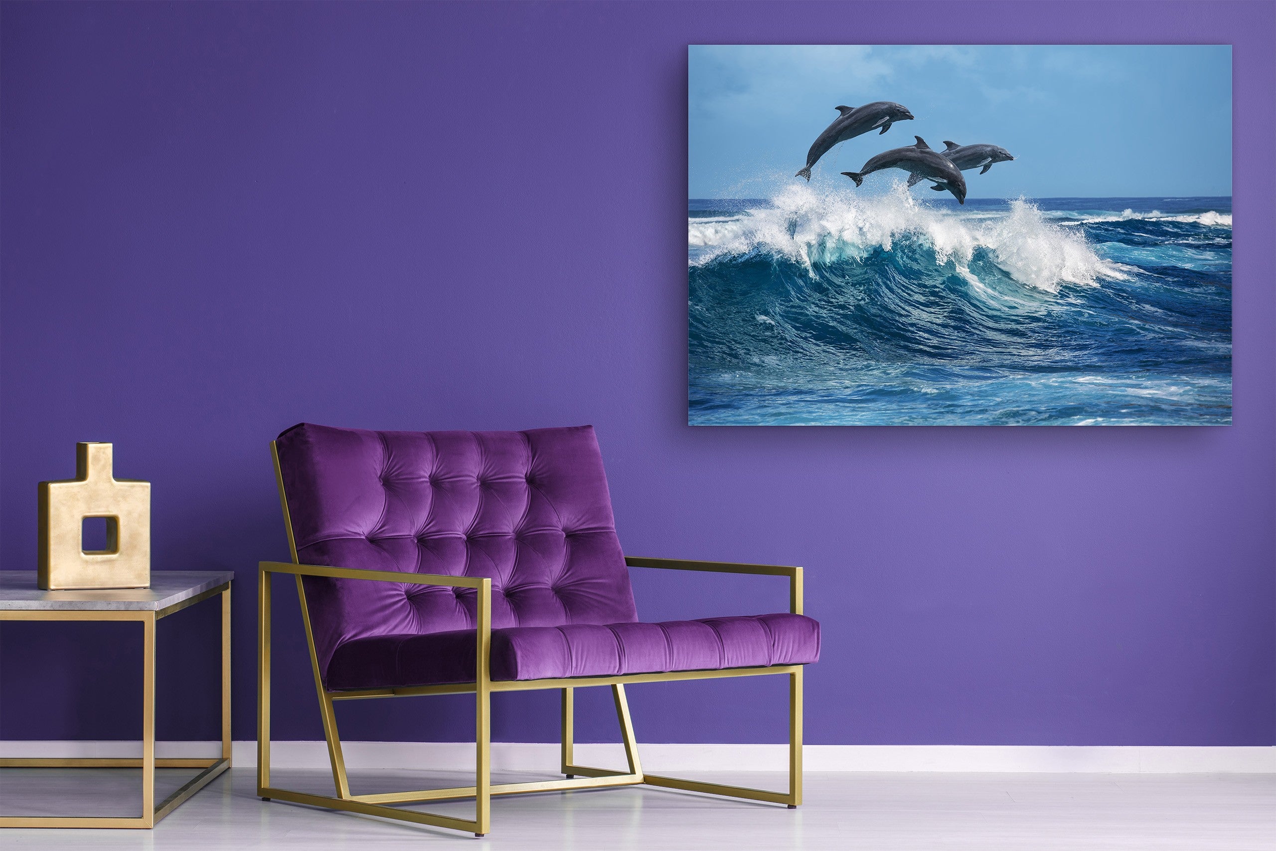 Glass Picture Wall Art - Picture on Glass SART03A Animals Series: Dolphins jumping over breaking waves