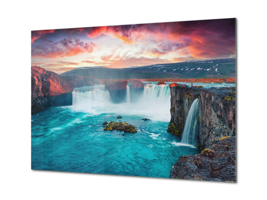 Glass Print Wall Art – Image on Glass SART01B Nature Series: Colorful sunset over the waterfall