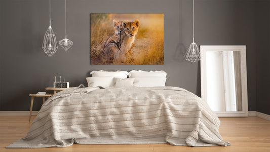 Glass Picture Wall Art - Picture on Glass SART03A Animals Series: Lion cubs playing