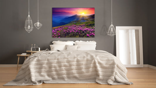 Modern Glass Picture - Contemporary Wall Art SART01 Nature Series: Pink flowers on a summer mountain