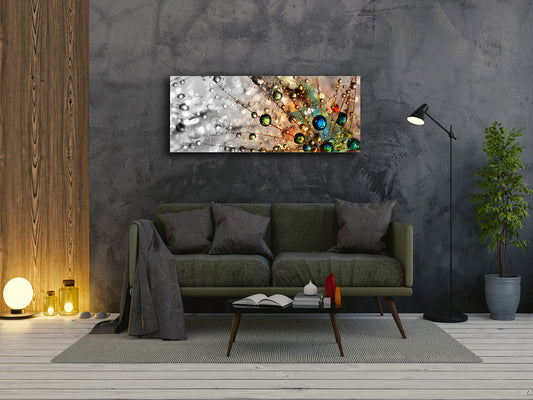 Arte mural con impresión en vidrio: imagen sobre vidrio de 125 x 50 cm (≈ 50” x 20”); 2 gotas de agua