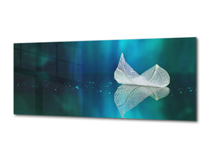 Glass Wall Art  - Available in 5 different sizes – Flowers and leaves Series 03: Leaf on mirror surface
