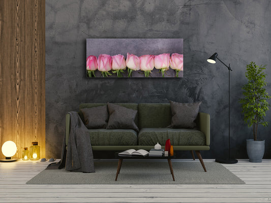 Arte mural con impresión en vidrio: imagen sobre vidrio de 125 x 50 cm (≈ 50” x 20”); Rosas 2