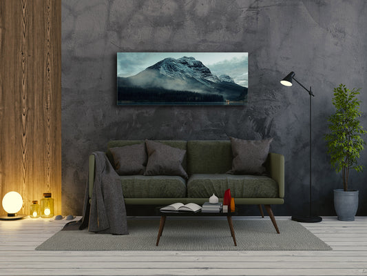 Arte mural con impresión en vidrio: imagen sobre vidrio de 125 x 50 cm (≈ 50” x 20”); Montañas 1