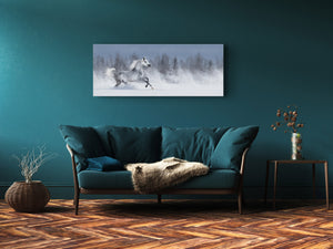 Wall Art Glass Print Picture – Available in 5 different sizes – Animals Series 02: White horse on the snowy field