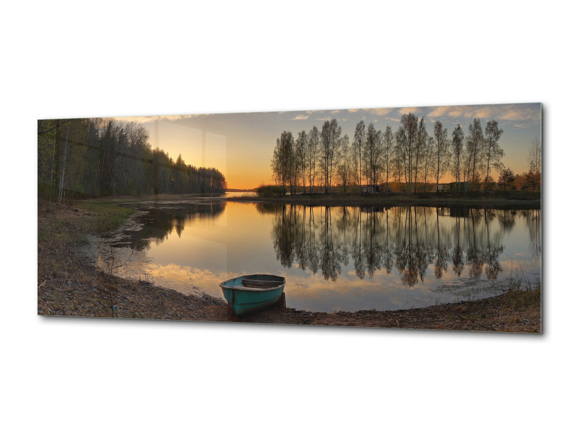 Graphic Art Print on Glass – Available in 5 different sizes – Nature Series 01B: Calm river at sunset