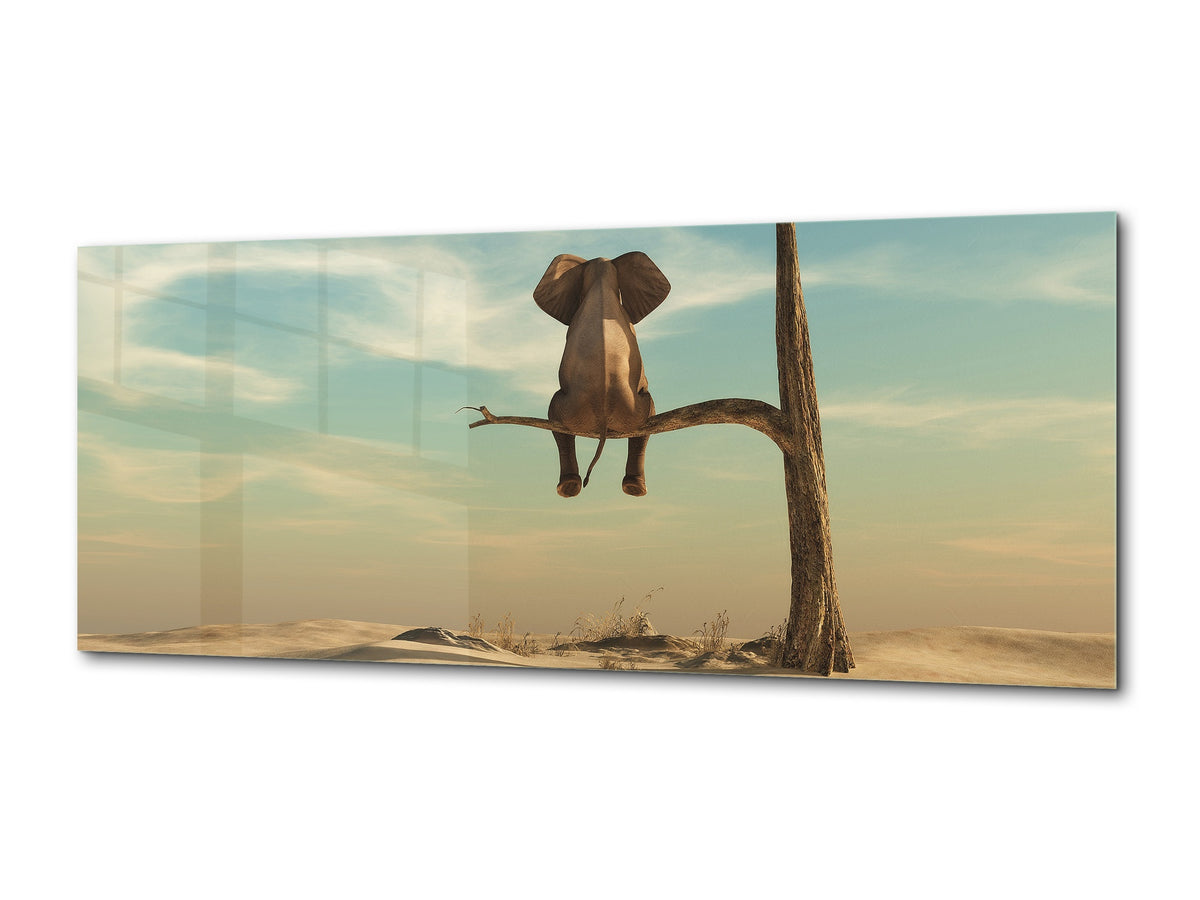 Wall Art Glass Print Picture – Available in 5 different sizes – Animals Series 02: Elephant in surreal landscape