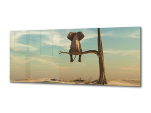 Wall Art Glass Print Picture – Available in 5 different sizes – Animals Series 02: Elephant in surreal landscape