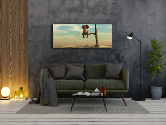 Wall Art Glass Print Picture – Available in 5 different sizes – Animals Series 02: Elephant in surreal landscape