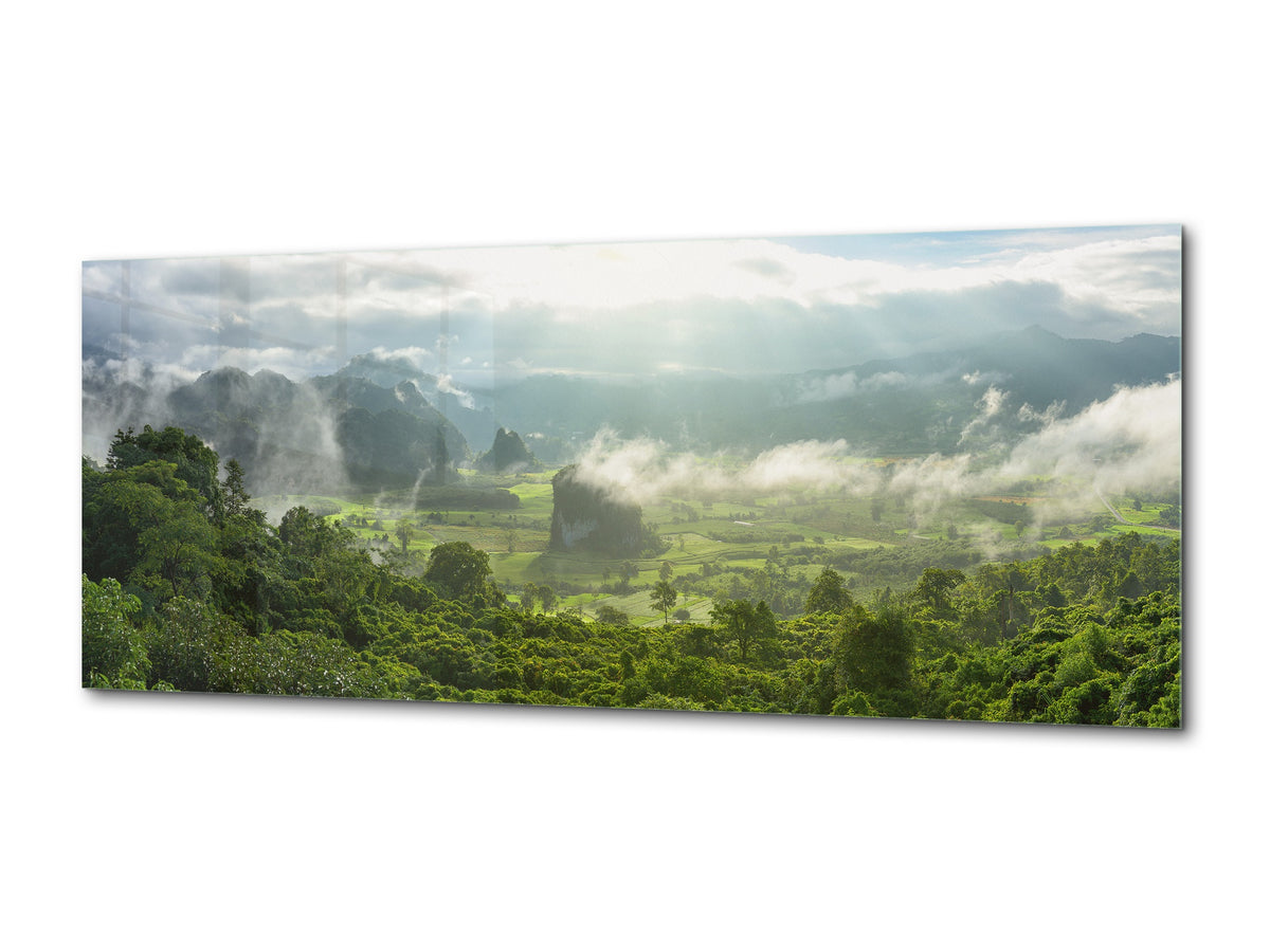 Graphic Art Print on Glass – Available in 5 different sizes – Nature Series 01B: Panoramic foggy landscape