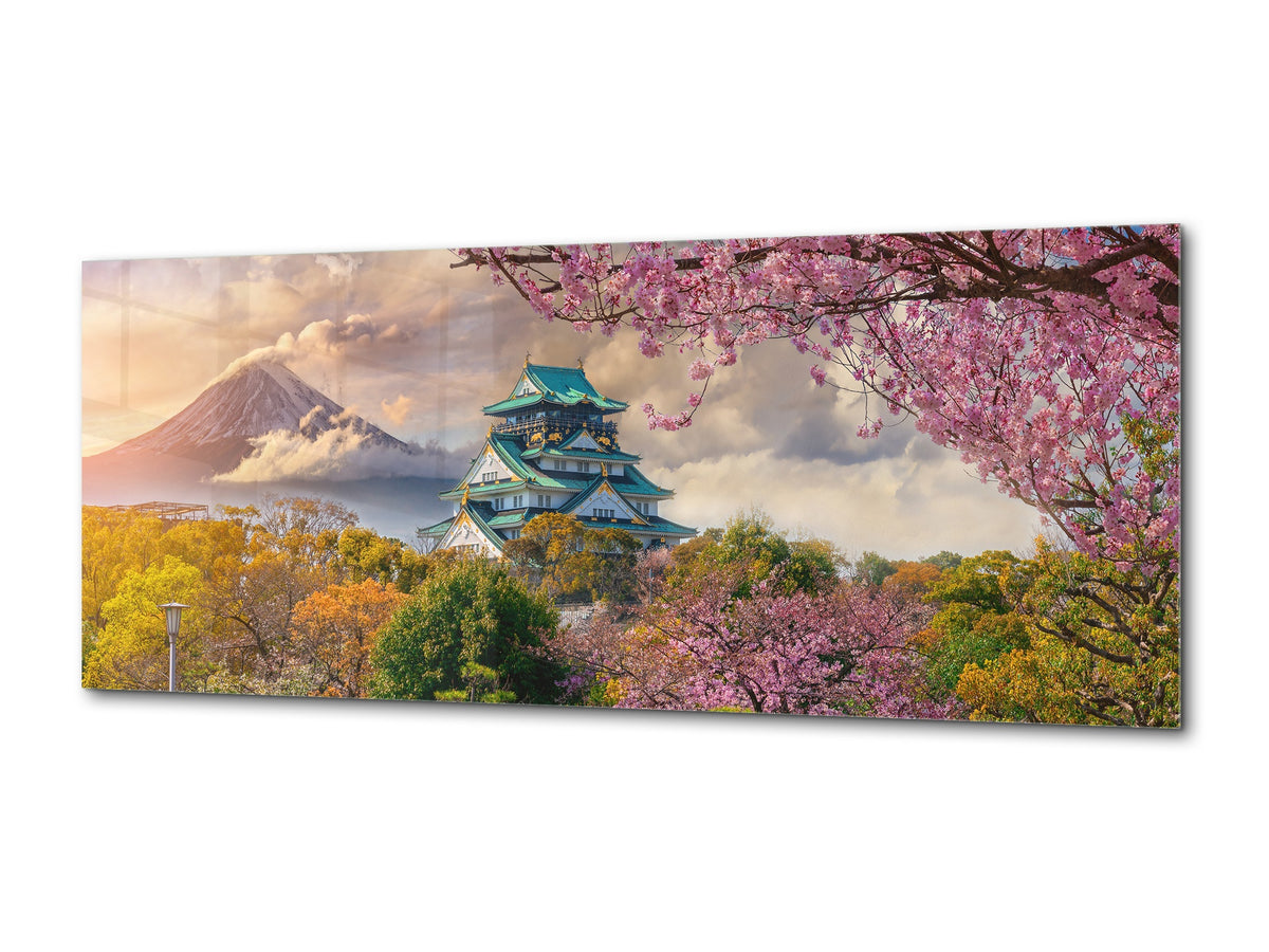 Glass Print Wall Art – Available in 5 different sizes – Nature Series 01A – Nature Series 01A: Full cherry blossom under Fuji mountain