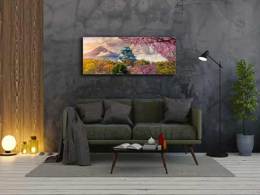 Glass Print Wall Art – Available in 5 different sizes – Nature Series 01A – Nature Series 01A: Full cherry blossom under Fuji mountain