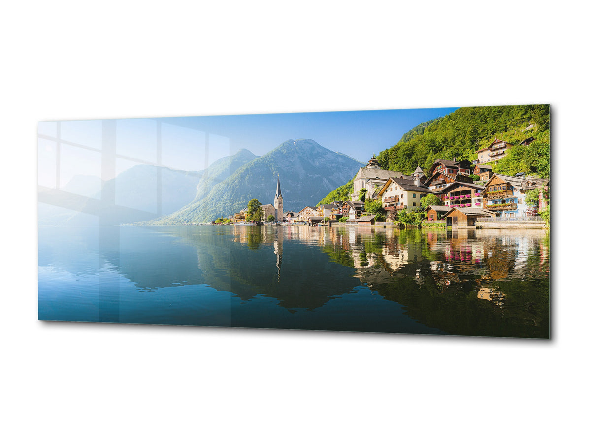Graphic Art Print on Glass – Available in 5 different sizes – Nature Series 01B: A mountain village by the lake