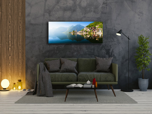 Graphic Art Print on Glass – Available in 5 different sizes – Nature Series 01B: A mountain village by the lake