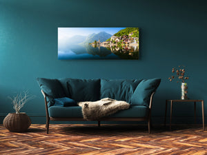Graphic Art Print on Glass – Available in 5 different sizes – Nature Series 01B: A mountain village by the lake