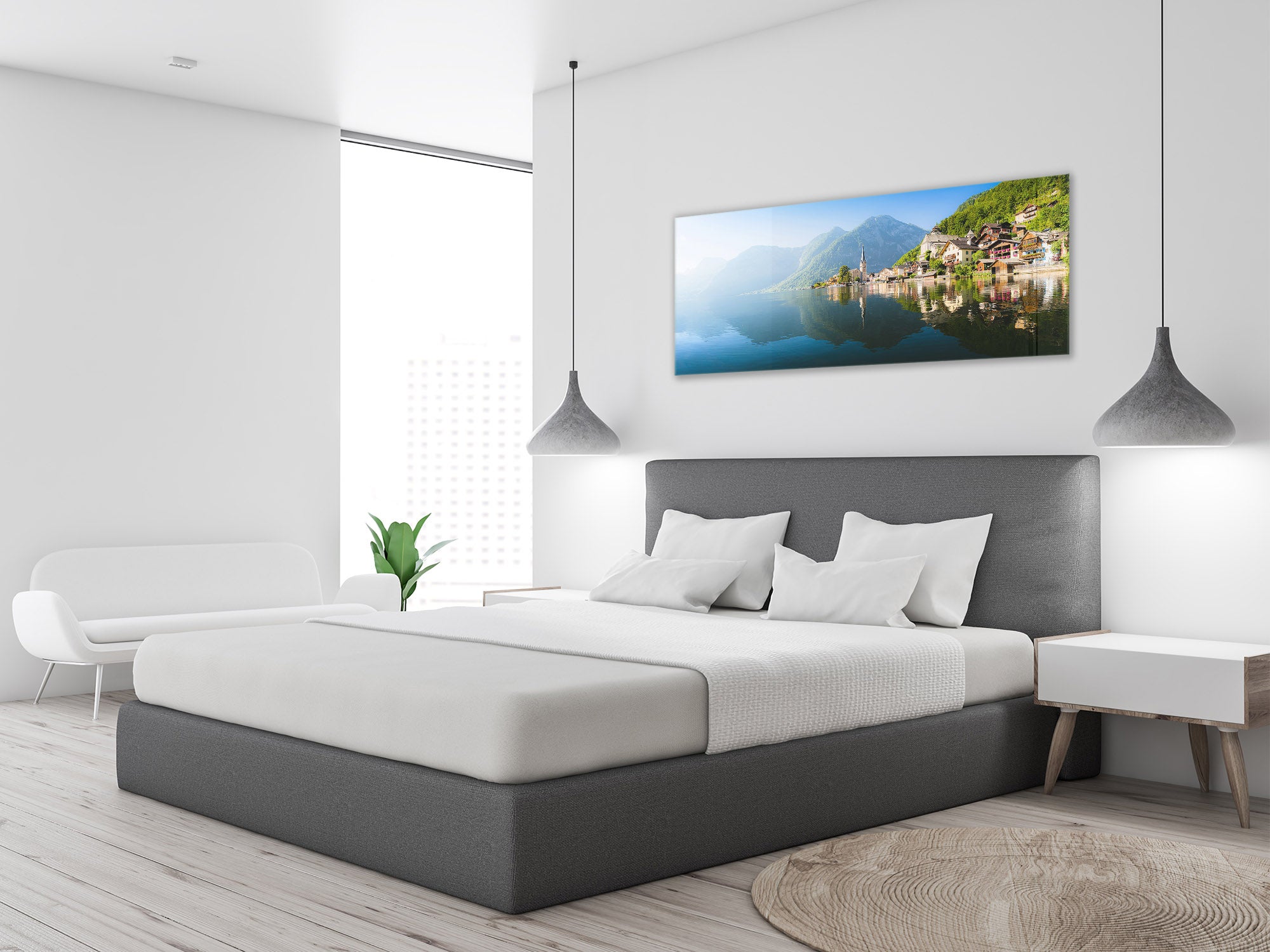 Graphic Art Print on Glass – Available in 5 different sizes – Nature Series 01B: A mountain village by the lake