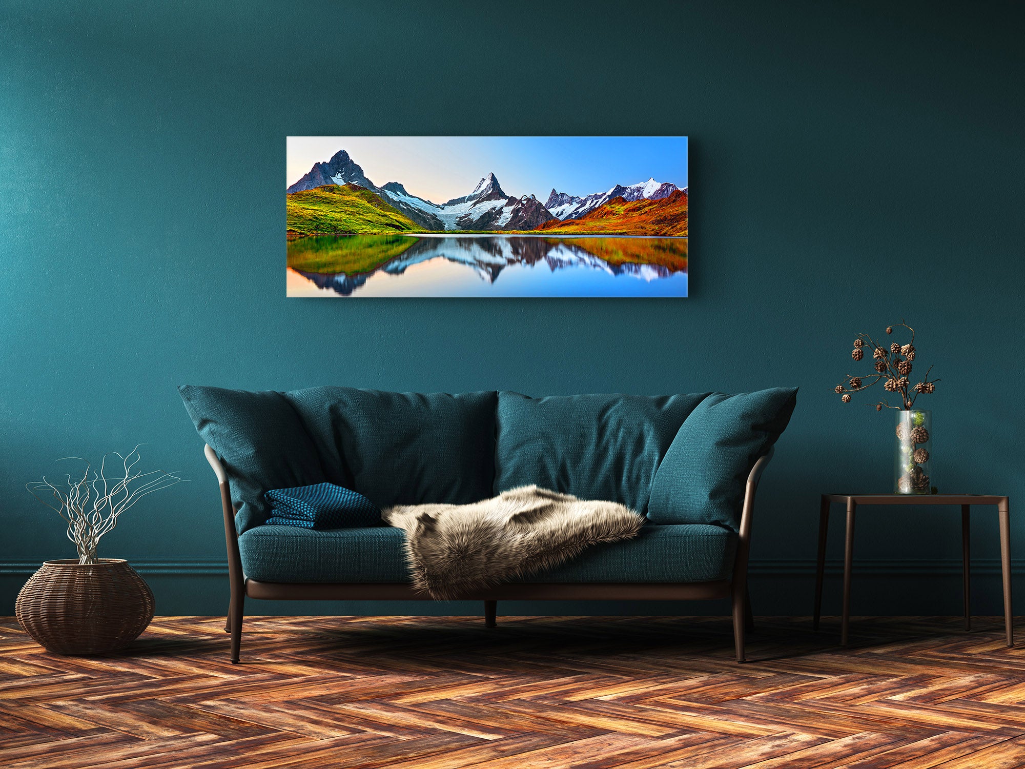 Impresión de arte gráfico sobre vidrio – Disponible en 5 tamaños diferentes – Serie Naturaleza 01B: Reflejo de montañas en el lago