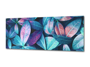 Glass Wall Art – Available in 5 different sizes – Flowers and leaves Series 03: Leaves toned in blue and purple pink tones