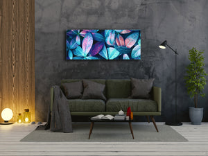 Glass Wall Art – Available in 5 different sizes – Flowers and leaves Series 03: Leaves toned in blue and purple pink tones