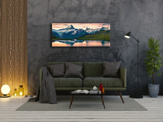 Graphic Art Print on Glass – Available in 5 different sizes – Nature Series 01B: Astonishing morning scene in the Swiss Alps