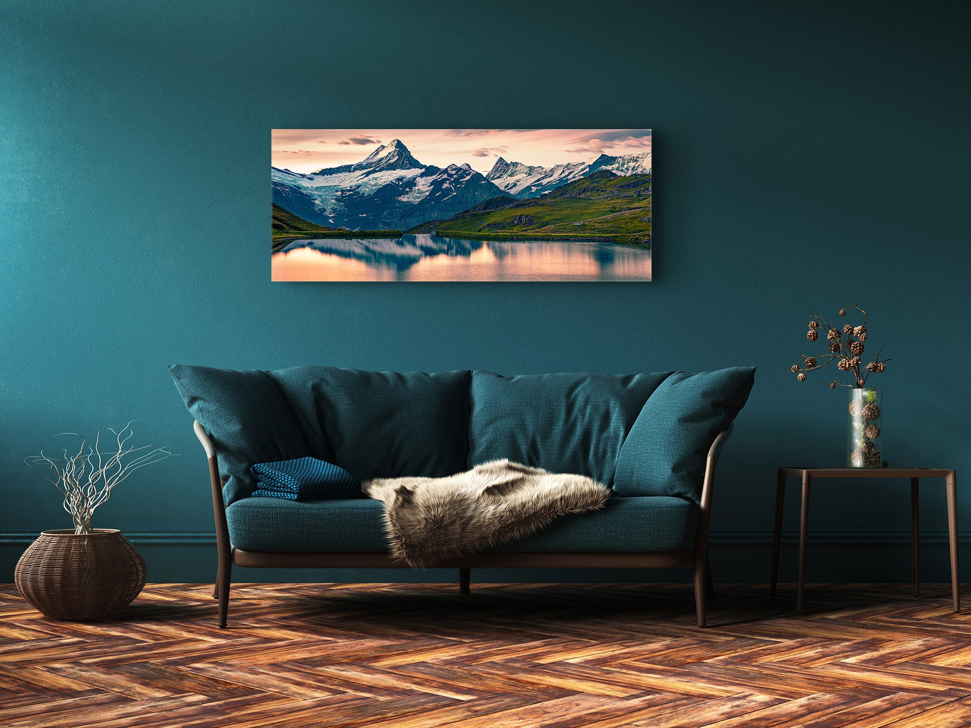 Graphic Art Print on Glass – Available in 5 different sizes – Nature Series 01B: Astonishing morning scene in the Swiss Alps
