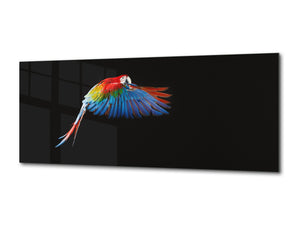 Wall Art Glass Print Picture – Available in 5 different sizes – Animals Series 02: Flying Ara on a dark background