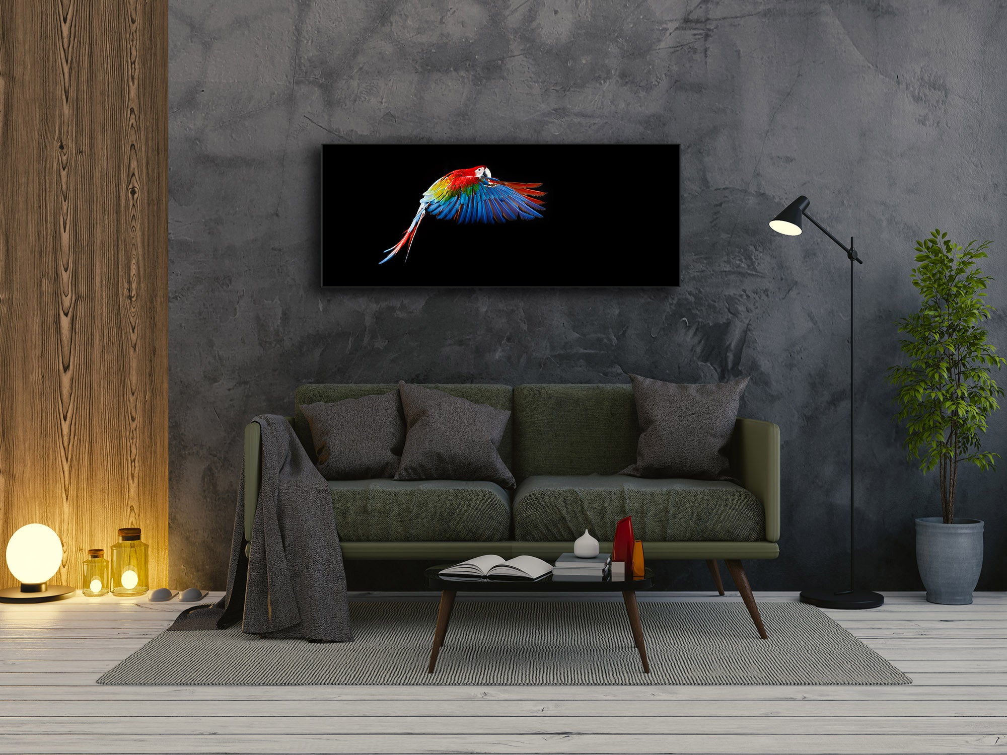 Wall Art Glass Print Picture – Available in 5 different sizes – Animals Series 02: Flying Ara on a dark background