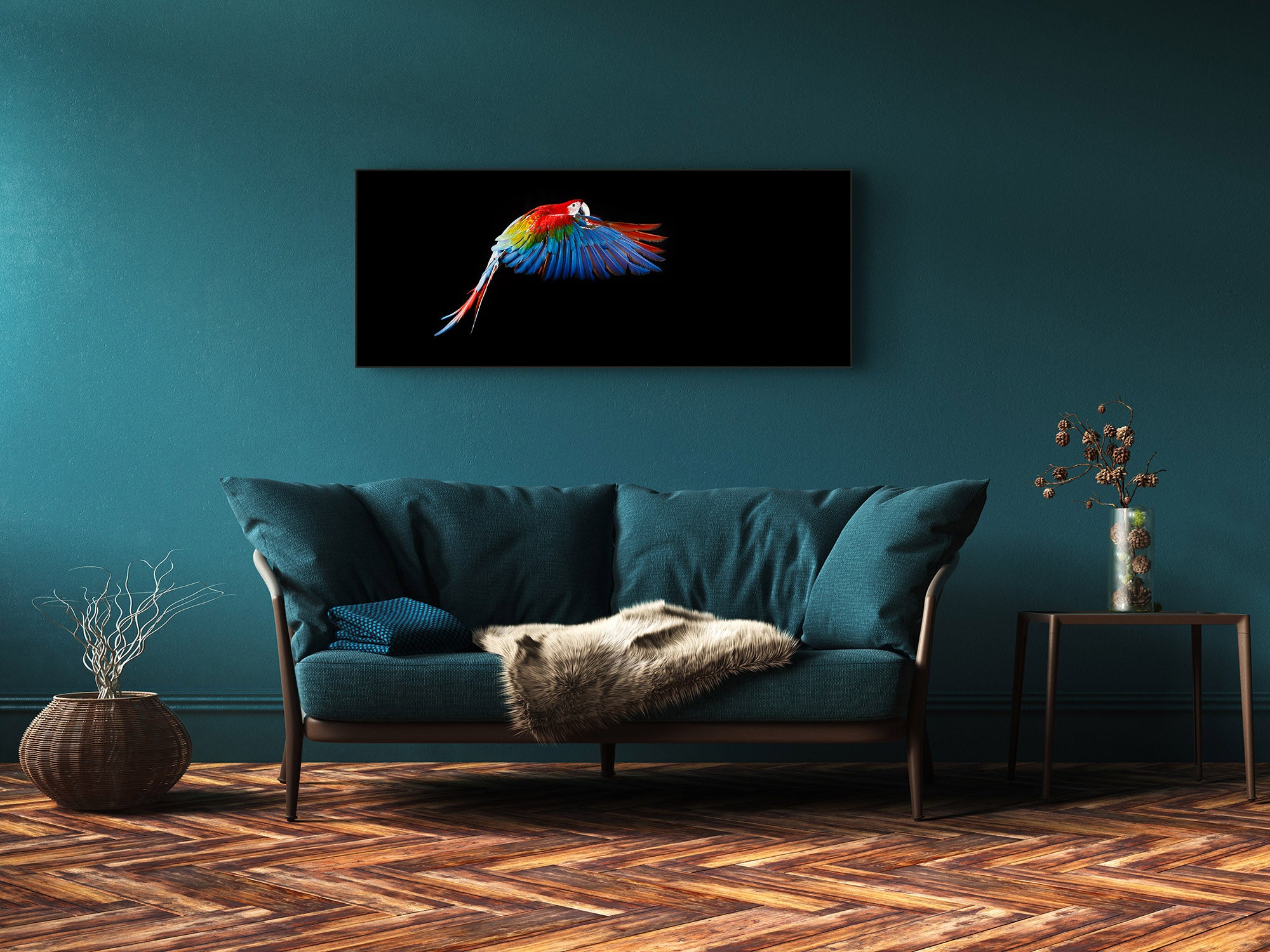 Wall Art Glass Print Picture – Available in 5 different sizes – Animals Series 02: Flying Ara on a dark background