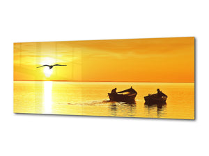 Glass Picture Wall Art  – Available in 5 different sizes – Nature Series 01D – Nature Series 01D: Landscape of a sunset with fishermen